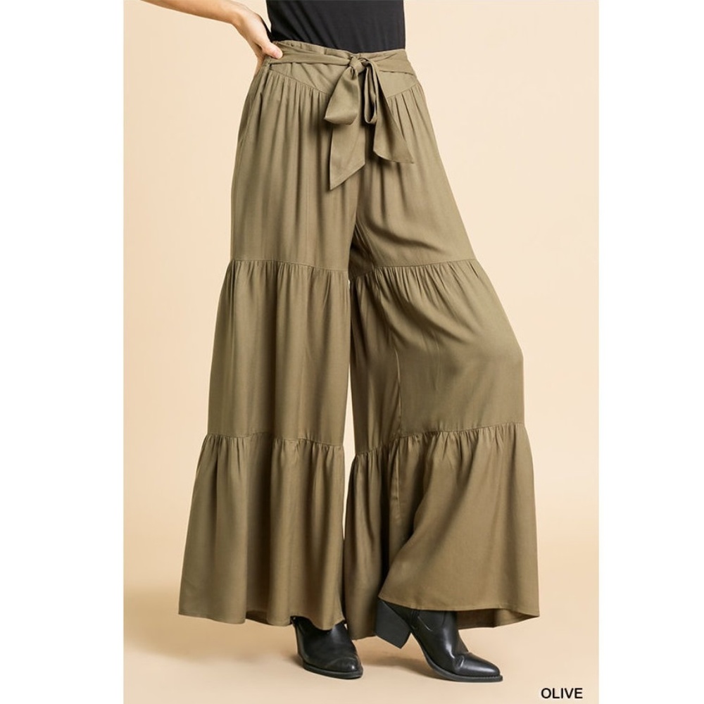 Plus Olive Boho Ruffle Wide Leg Palazzo Pants - Picture 4 of 5